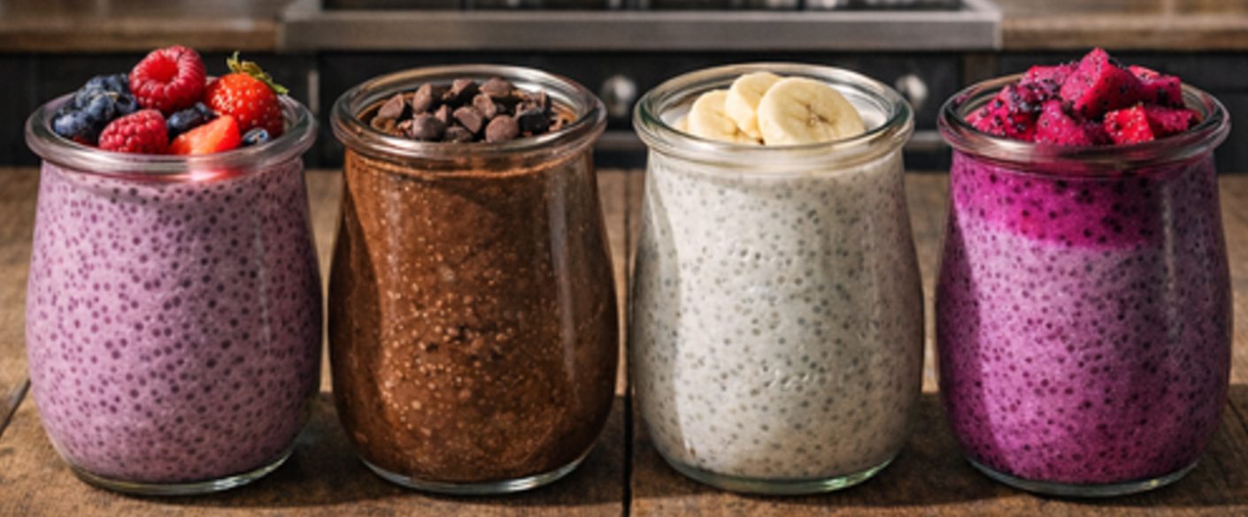 Four jars of chia pudding — berry, chocolate, vanilla and dragon fruit — on a wooden bench